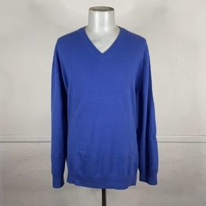 Lands End Cashmere Sweater‎ Mens 2XLT Solild Blue V Neck Pullover Long Sleeve